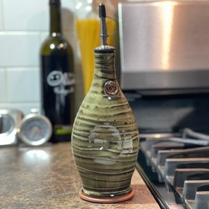 Pottery Olive Oil Pourer, EVOO Cruet in Sage Green Glaze