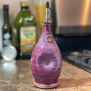 Handmade Stoneware Pottery Olive Oil Pourer, EVOO Cruet in Raspberry Glaze