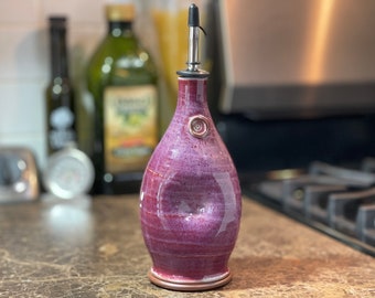 Handmade Stoneware Pottery Olive Oil Pourer, EVOO Cruet in Raspberry Glaze