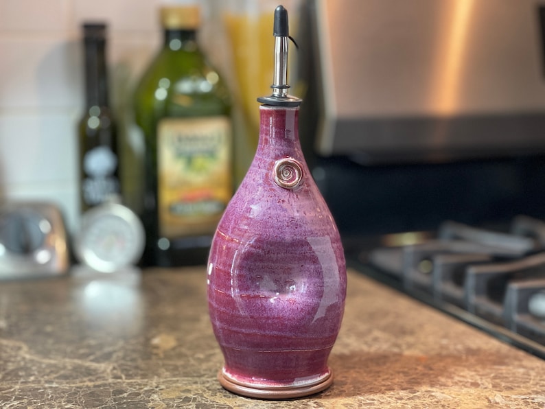 Handmade Stoneware Pottery Olive Oil Pourer, EVOO Cruet in Raspberry Glaze