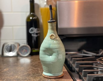 Pottery Olive Oil Cruet Pourer, EVOO Dispenser in Mr Blue Sky Glaze