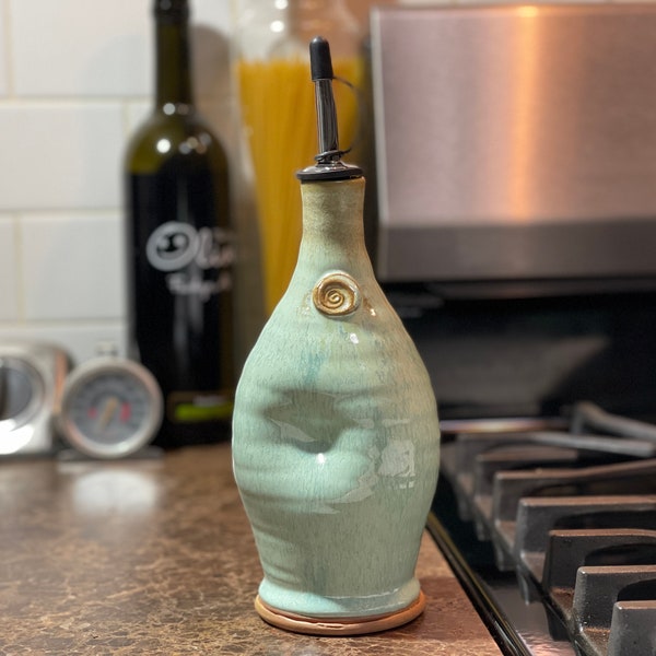 Pottery Olive Oil Cruet Pourer, EVOO Dispenser in Mr Blue Sky Glaze