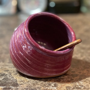 Salt Cellar, Salt Keeper with Spoon in Raspberry Glaze