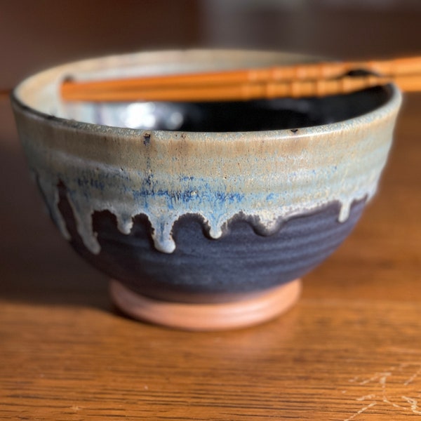 Pottery Noodle Bowl in Black and Blue All Over Satin Matte Glaze