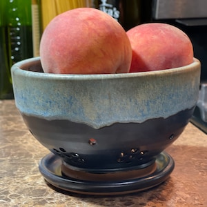 Ceramic Berry Bowl: Black and Blue Satin Matte Colander