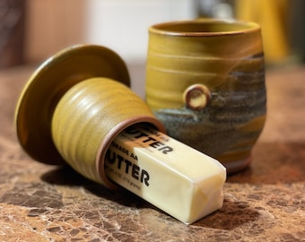 Pottery French Butter Keeper for soft spreadable butter in Golden Zen Satin Matte Glaze