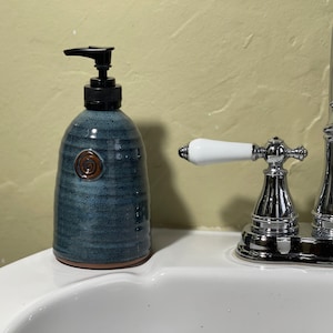 Stoneware Pottery Soap Pump Dispenser in Blue Glaze