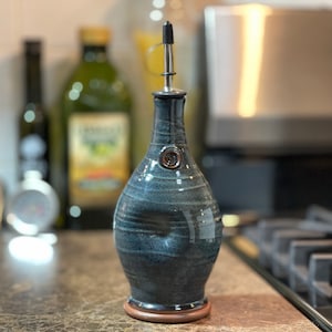 Pottery Olive Oil Cruet Pourer, EVOO Dispenser in Blue Glaze