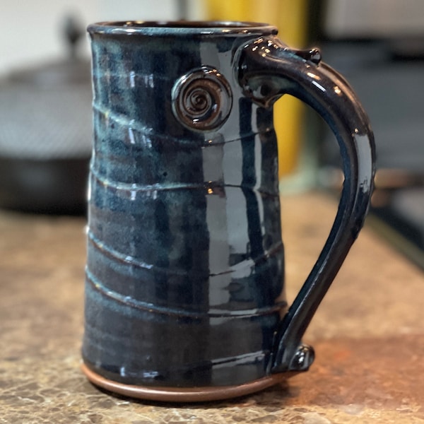 Large Pottery Mug, Large Coffee Mug, Beer Mug in Blue Glaze