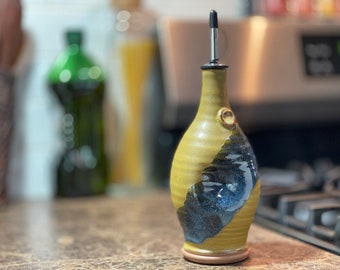 Pottery Olive Oil Cruet Pourer, EVOO Dispenser in Golden Zen Satin Matte Glaze