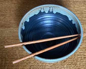 Pottery Noodle Bowl in "Black and Blue" Satin Matte Glaze