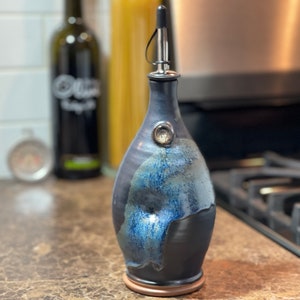 Pottery Olive Oil Cruet Pourer, EVOO Dispenser in Midnight Zen Satin Matte Glaze image 1