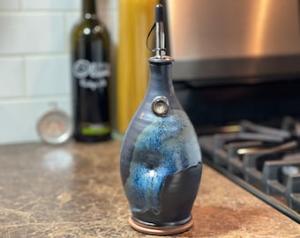 Pottery Olive Oil Cruet Pourer, EVOO Dispenser in Midnight Zen Satin Matte Glaze