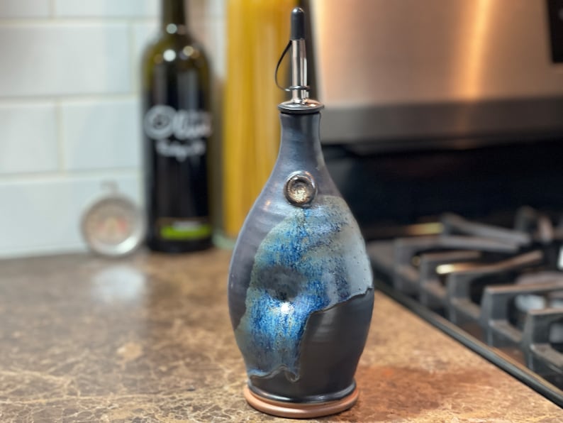 Pottery Olive Oil Cruet Pourer, EVOO Dispenser in Midnight Zen Satin Matte Glaze image 1