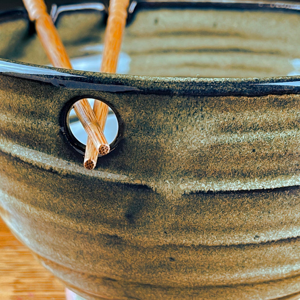 Sage Green Glaze Noodle Bowl: Handmade Stoneware Ramen Bowl with Chopsticks