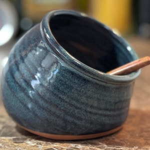 Pottery Salt Cellar, Salt Pig in Blue Glaze