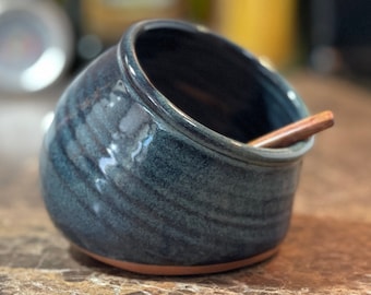 Pottery Salt Cellar, Salt Pig in Blue Glaze