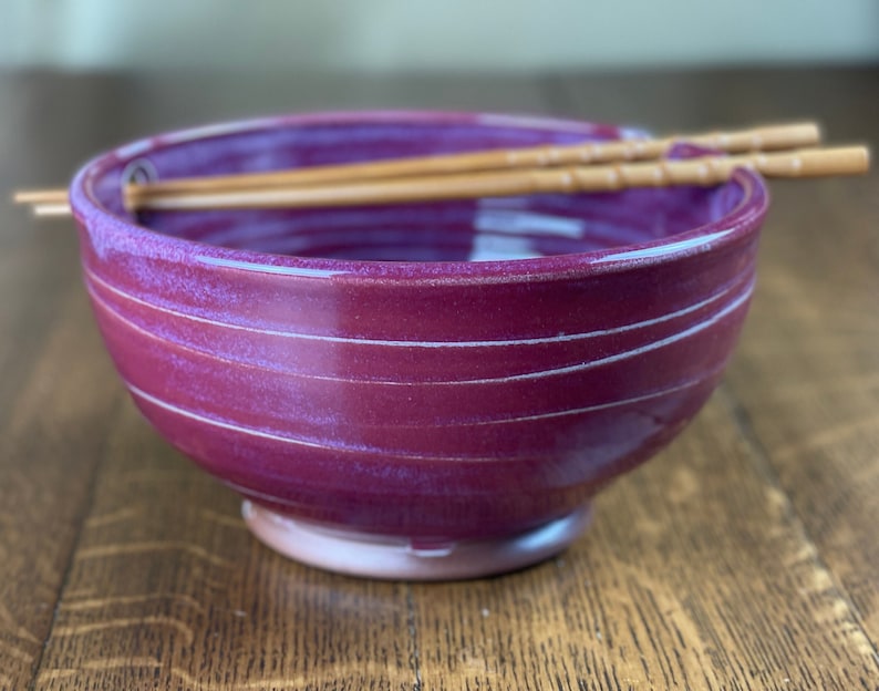 Pottery Noodle Bowl, Ramen Bowl, Pho Bowl, Chopstick Bowl in Raspberry Glaze image 3