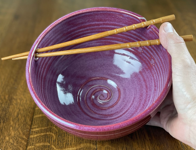 Pottery Noodle Bowl, Ramen Bowl, Pho Bowl, Chopstick Bowl in Raspberry Glaze image 6