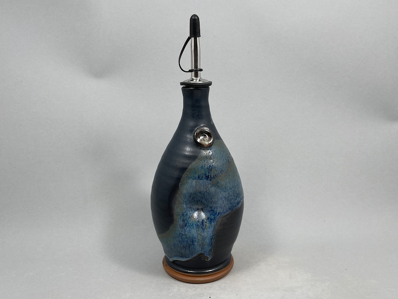 Pottery Olive Oil Cruet Pourer, EVOO Dispenser in Midnight Zen Satin Matte Glaze image 2