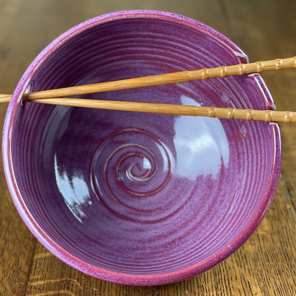 Pottery Noodle Bowl: Raspberry Glaze Ramen Bowl with Chopsticks