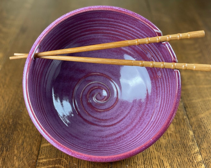 Pottery Noodle Bowl: Raspberry Glaze Ramen Bowl with Chopsticks