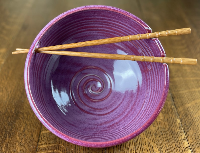 Pottery Noodle Bowl, Ramen Bowl, Pho Bowl, Chopstick Bowl in Raspberry Glaze image 1
