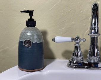 Stoneware Pottery Soap Pump Dispenser in Black and Blue All Over Satin Matte Glaze