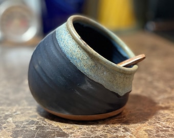 Pottery Salt Pig, Salt Cellar in Black and Blue All Over Satin Matte Glaze