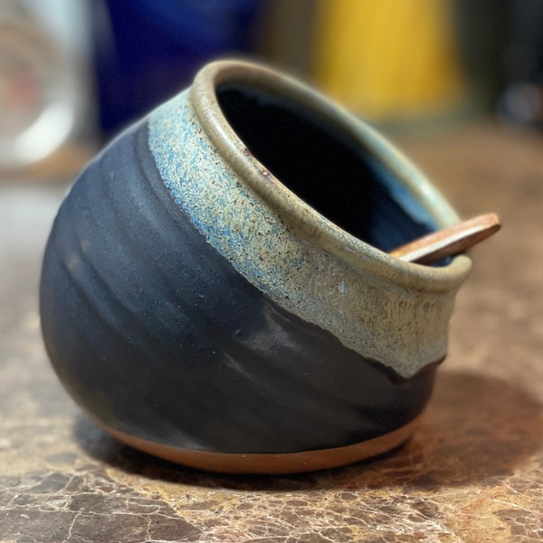 Pottery Salt Pig, Salt Cellar in Black and Blue All Over Satin Matte Glaze