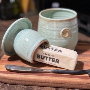 Pottery French Butter Keeper for soft spreadable butter in Mr Blue SkyGlaze