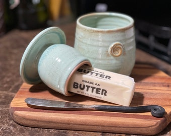 Pottery French Butter Keeper for soft spreadable butter in Mr Blue SkyGlaze