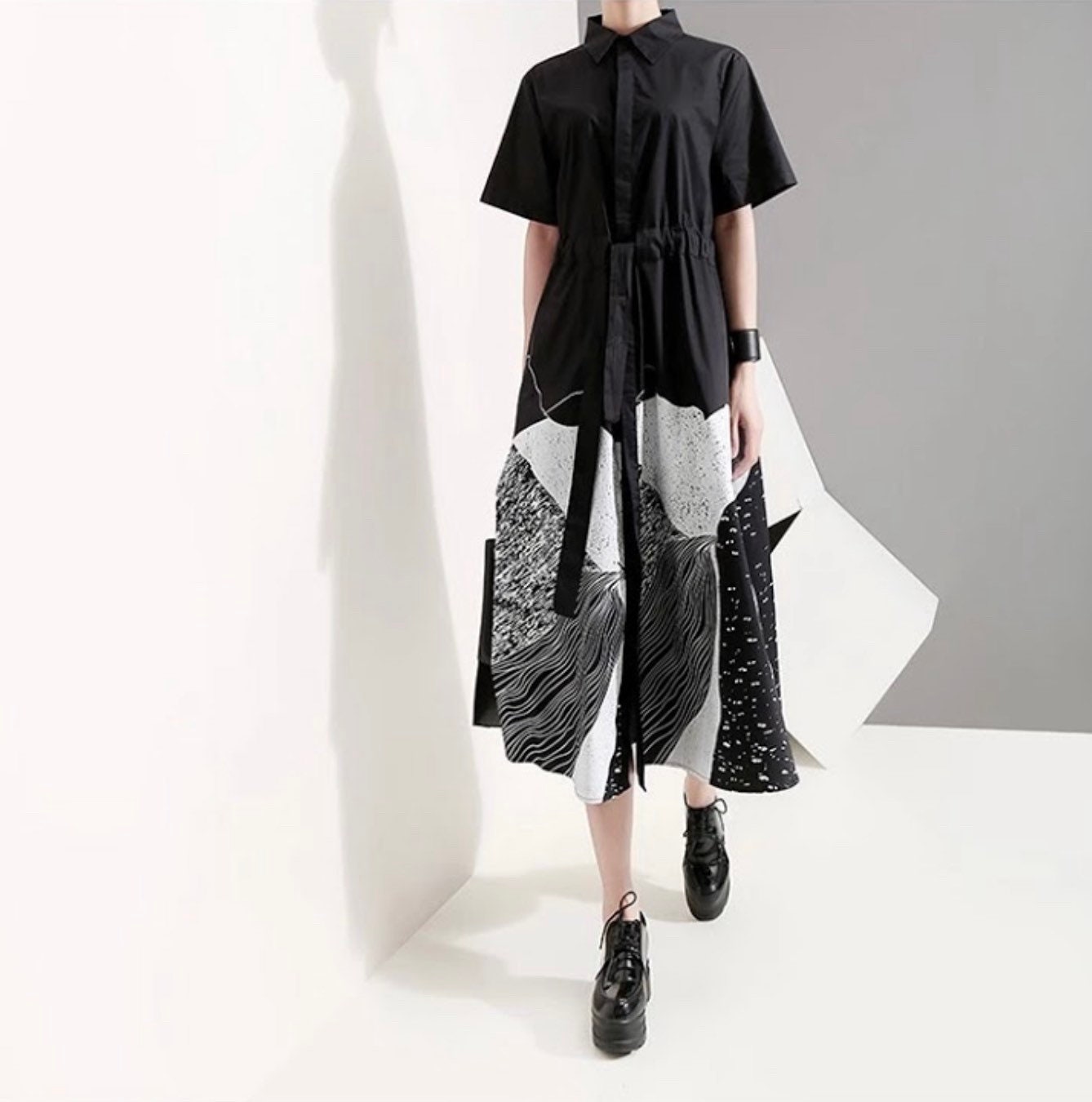 ANJEStudio New Korean Style Women Summer Black Painting Long Shirt Dress with Sash Print