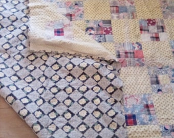 Vintage old hand crafted made quilt yellow floral blanket primitive farmhouse style