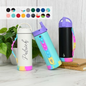 Kids Water Bottle Customized with Pop-It Fidget Toy Strap Spill Proof | Personalized Tumbler with Lid and Straw for Kids