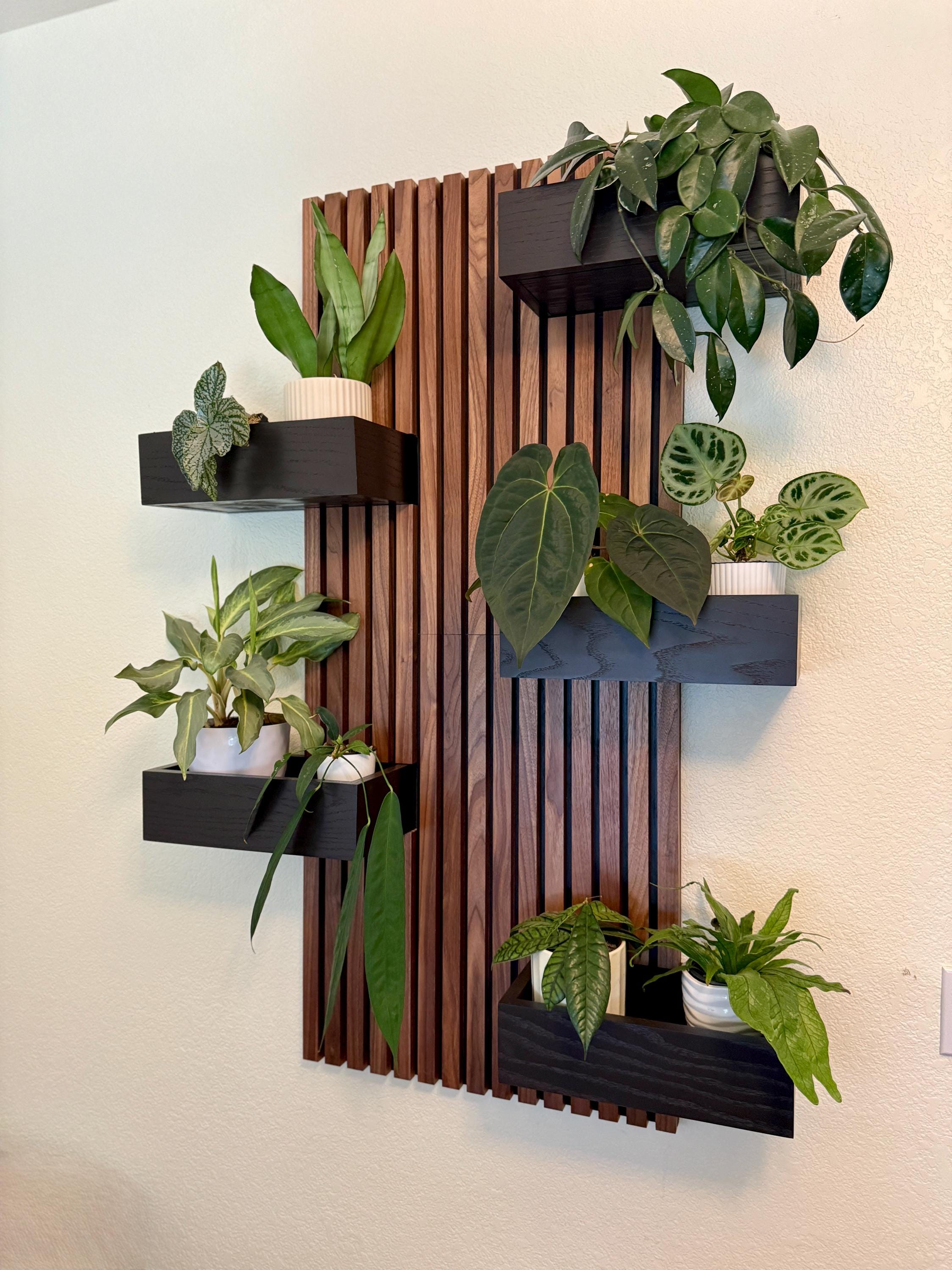 Handmade Plant Wall with Solid Walnut Hardwood Strips - 5 Box Shelves for Plants or Picture Frames - Floating Shelves - Easy Installation