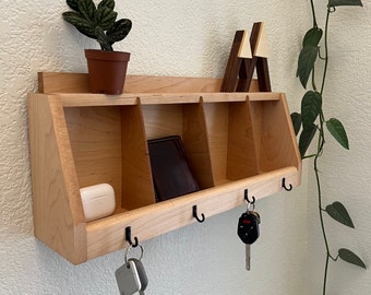 Handmade wall hanging key holder and organizer - 4 key hooks - solid hard maple, cherry, walnut, or mahogany - entryway home decor