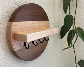 Handmade Round Key Rack with Shelf, 4 Key Hooks, Natural and Solid Hardwoods, 7 or 10 inches, Entryway Organizer, Key Holder, Wallet Holder
