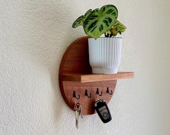 Handmade Round Key Rack with Shelf, 4 Key Hooks, Natural and Solid Hardwoods, 7 or 10 inches, Entryway Organizer, Key Holder, Wallet Holder