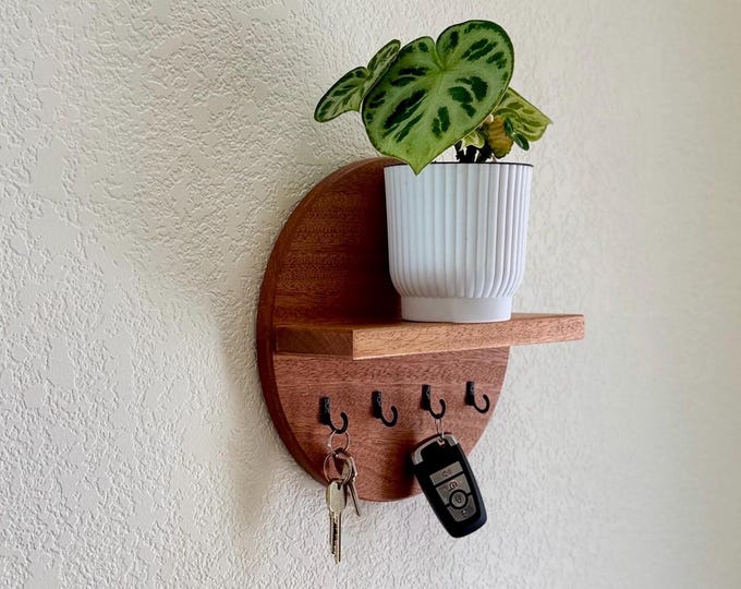 Handmade Natural Hardwood Key Rack with Shelf: Entryway Organizer