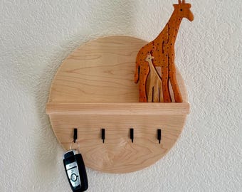 Handmade Round Key Rack with Shelf, 4 Key Hooks, Natural and Solid Hardwoods, 7 or 10 inches, Entryway Organizer, Key Holder, Wallet Holder