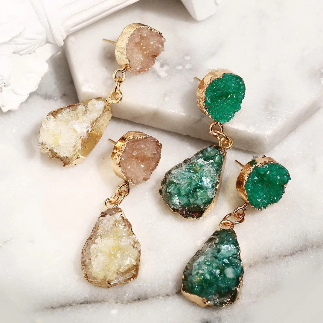 Natural Stone Agate Earrings for Women Geometric Metal Pendant Dangle ...