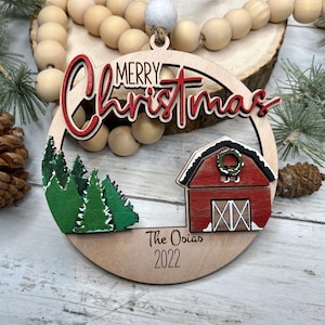 Barn & Pines Christmas Tree Ornament, Farm Family, Merry Christmas, Glowforge Laser Ready File, SVG File Only No Physical Product Shipped