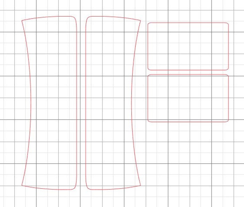 May include: A set of two curved, blank, white labels with a rectangular, blank, white label below them. All labels are outlined in red.