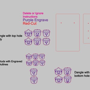 May include: A design sheet featuring purple engraved and red-cut pumpkin-shaped earrings. The sheet includes designs for dangle earrings with top holes, studs with engraved outlines, and dangle earrings with top and bottom holes. Text on the sheet reads "Delete or Ignore Instructions".