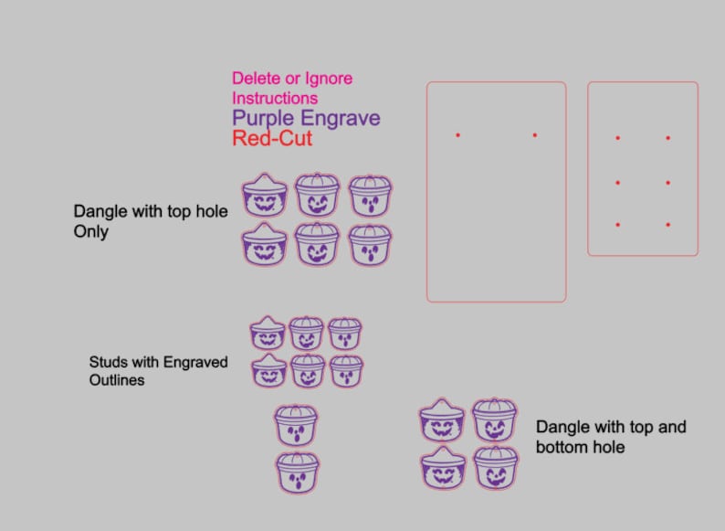 May include: A design sheet featuring purple engraved and red-cut pumpkin-shaped earrings. The sheet includes designs for dangle earrings with top holes, studs with engraved outlines, and dangle earrings with top and bottom holes. Text on the sheet reads "Delete or Ignore Instructions".