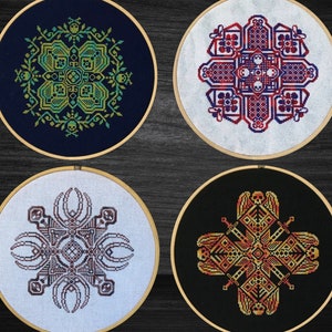 May include: Four embroidery patterns in circular hoops. The patterns are geometric and feature different colors, including green, blue, red, and gold. The text "4 PDF Patterns" is in the upper right corner of the image.