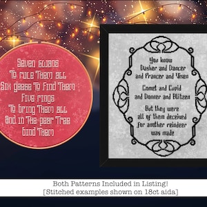 May include: Two printable cross stitch patterns featuring the lyrics to the Christmas carol "The Twelve Days of Christmas". The first pattern is red with white snowflakes and the second pattern is gray with a black ornate frame.