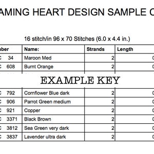 May include: A color chart for a cross stitch pattern called "Screaming Heart Design Sample Chart". The chart shows the DMC floss colors and numbers needed for the pattern, along with the number of stitches and skeins required for each color. The chart is 6.0 inches by 4.4 inches and uses 16 stitches per inch.
