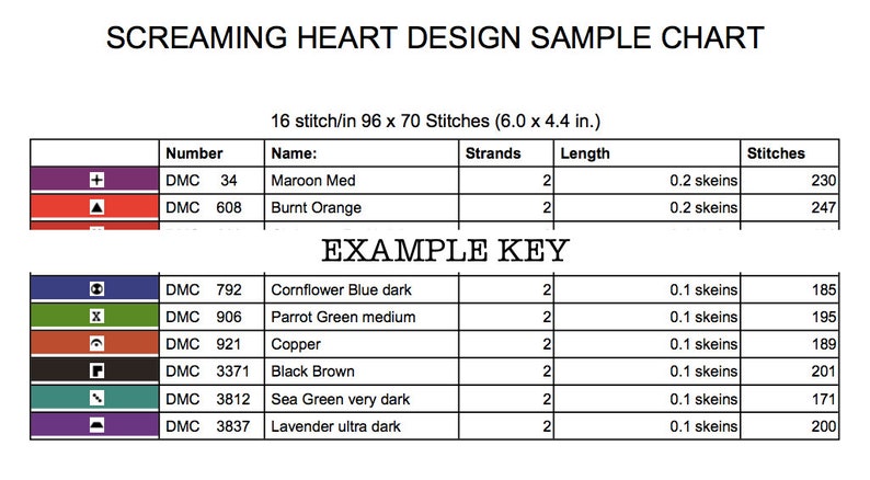 May include: A color chart for a cross stitch pattern called "Screaming Heart Design Sample Chart". The chart shows the DMC floss colors and numbers needed for the pattern, along with the number of stitches and skeins required for each color. The chart is 6.0 inches by 4.4 inches and uses 16 stitches per inch.